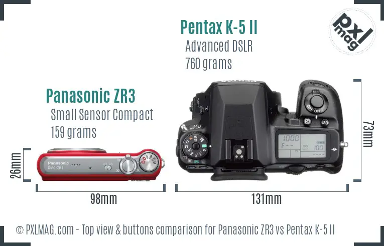 Panasonic ZR3 vs Pentax K-5 II top view buttons comparison