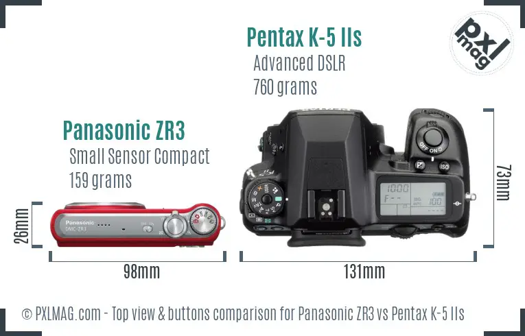 Panasonic ZR3 vs Pentax K-5 IIs top view buttons comparison