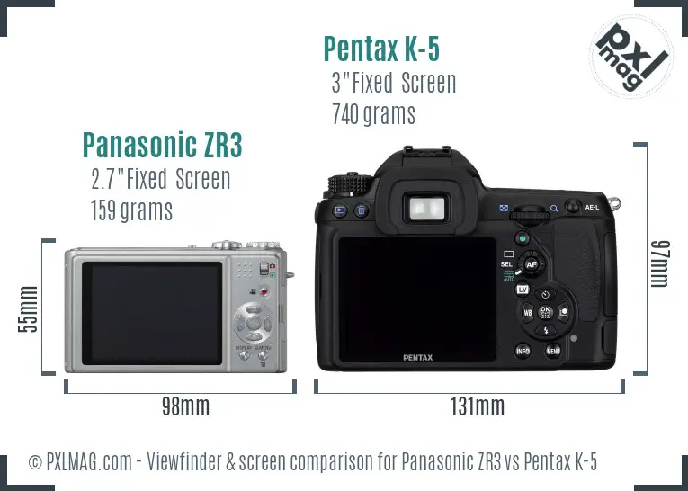 Panasonic ZR3 vs Pentax K-5 Screen and Viewfinder comparison