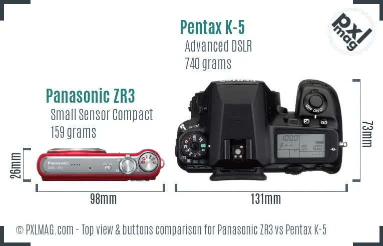 Panasonic ZR3 vs Pentax K-5 top view buttons comparison