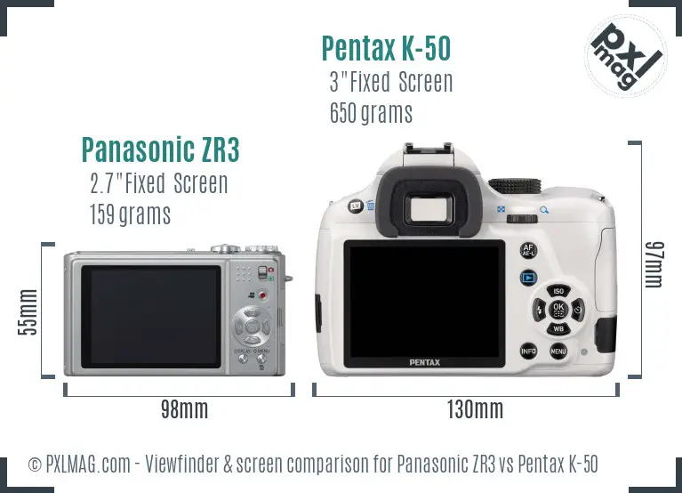 Panasonic ZR3 vs Pentax K-50 Screen and Viewfinder comparison