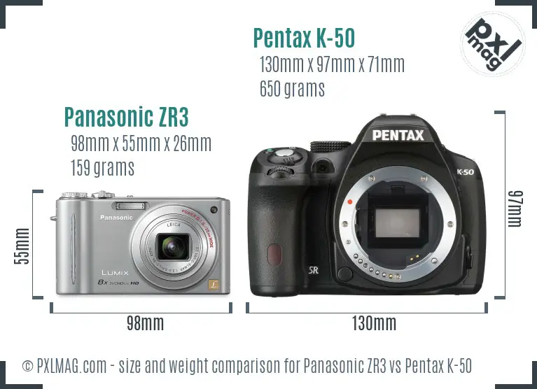 Panasonic ZR3 vs Pentax K-50 size comparison