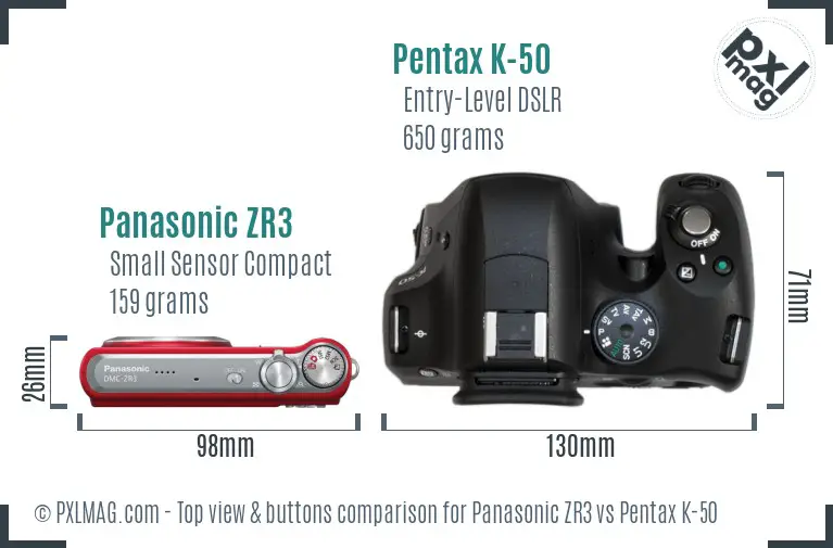 Panasonic ZR3 vs Pentax K-50 top view buttons comparison