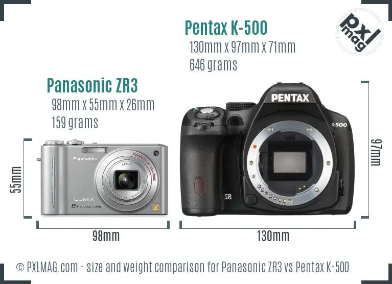 Panasonic ZR3 vs Pentax K-500 size comparison