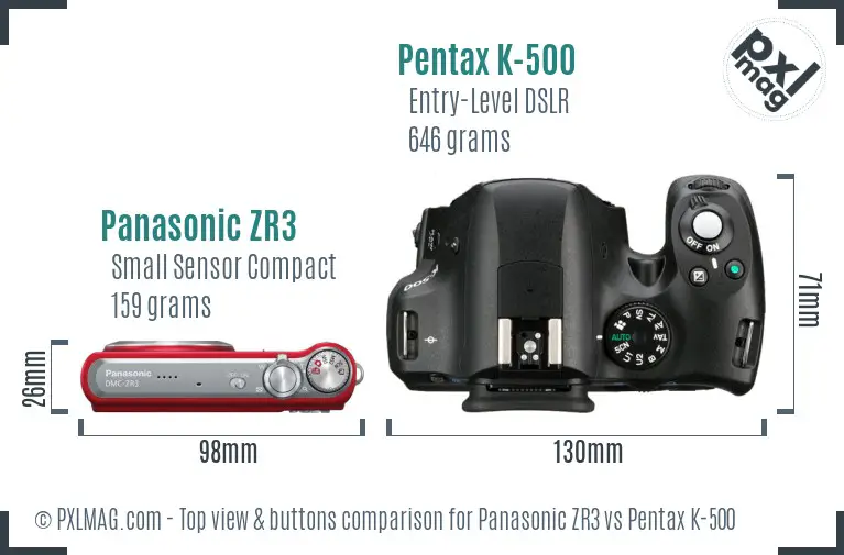Panasonic ZR3 vs Pentax K-500 top view buttons comparison
