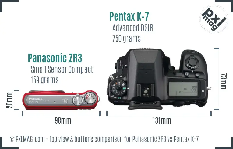 Panasonic ZR3 vs Pentax K-7 top view buttons comparison