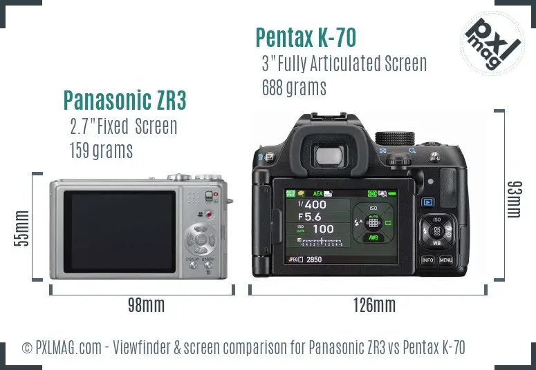 Panasonic ZR3 vs Pentax K-70 Screen and Viewfinder comparison
