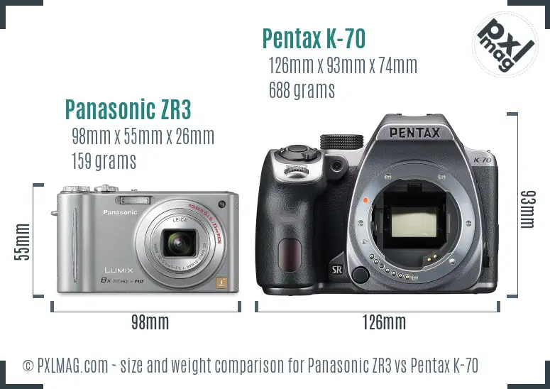 Panasonic ZR3 vs Pentax K-70 size comparison