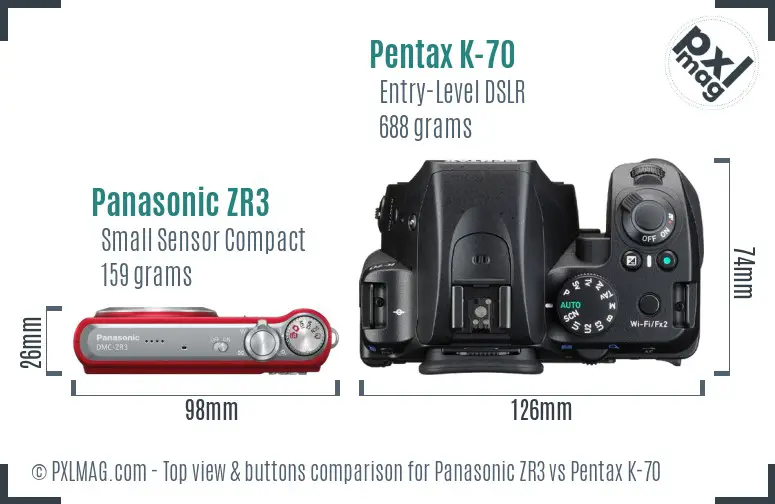 Panasonic ZR3 vs Pentax K-70 top view buttons comparison