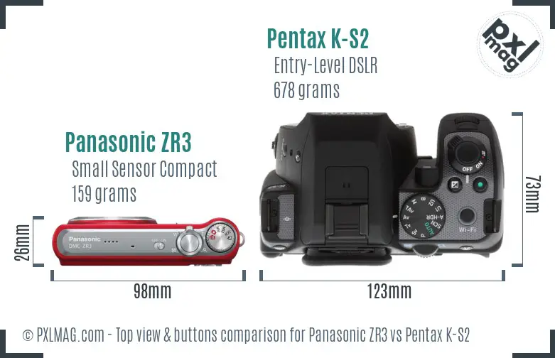 Panasonic ZR3 vs Pentax K-S2 top view buttons comparison