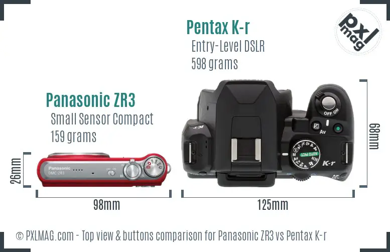 Panasonic ZR3 vs Pentax K-r top view buttons comparison