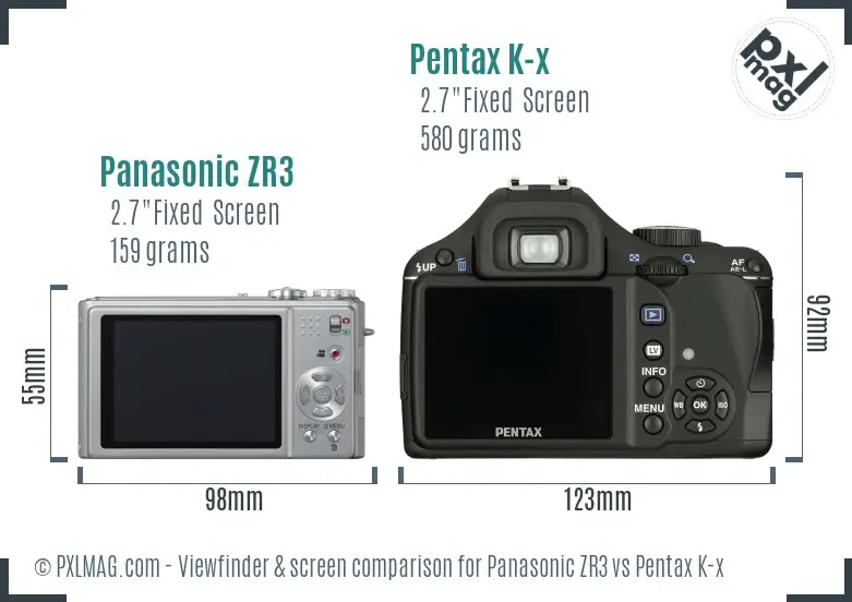 Panasonic ZR3 vs Pentax K-x Screen and Viewfinder comparison