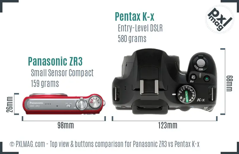 Panasonic ZR3 vs Pentax K-x top view buttons comparison