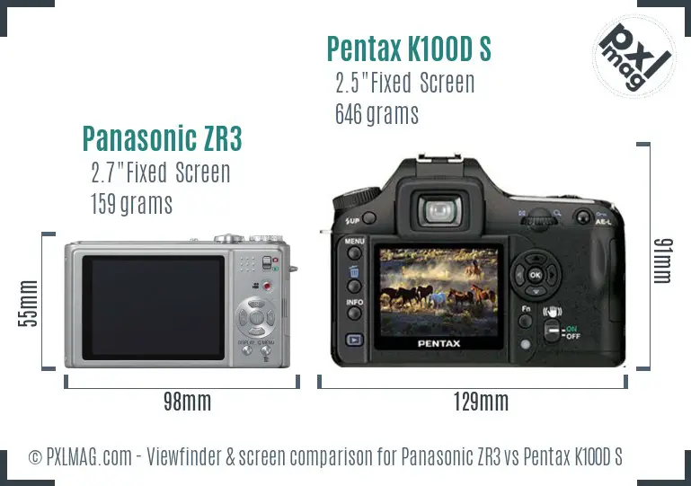 Panasonic ZR3 vs Pentax K100D S Screen and Viewfinder comparison