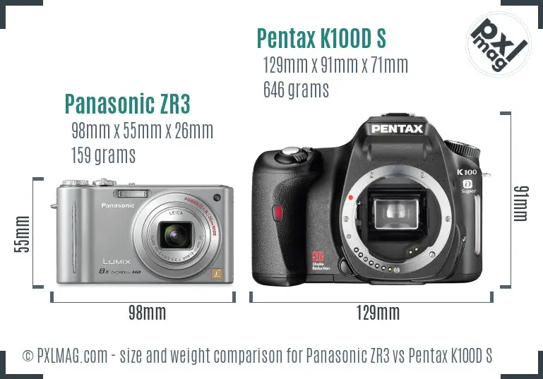 Panasonic ZR3 vs Pentax K100D S size comparison