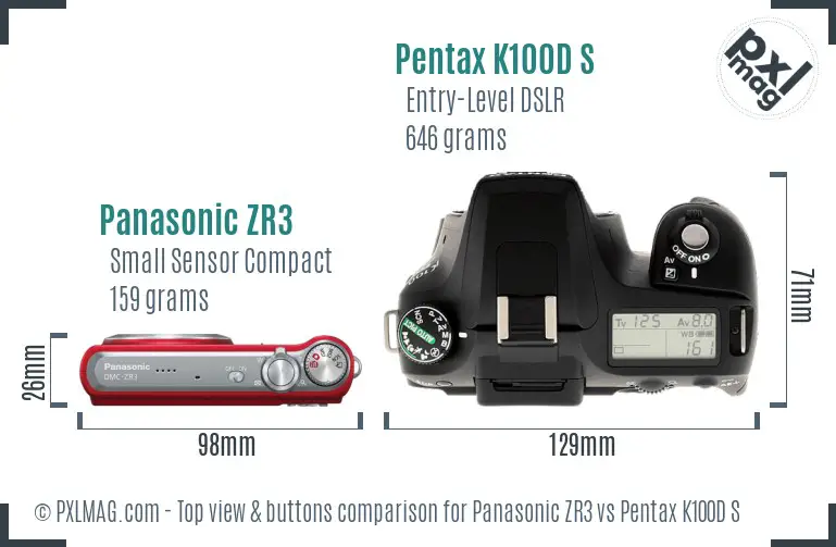 Panasonic ZR3 vs Pentax K100D S top view buttons comparison