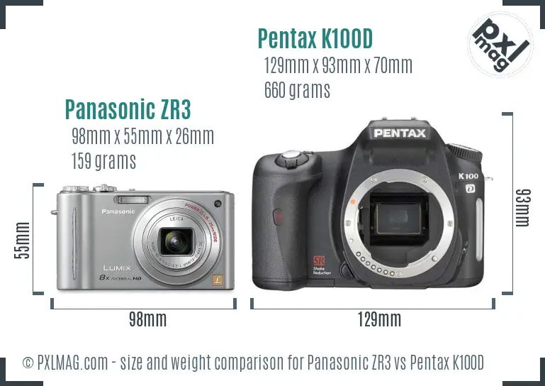 Panasonic ZR3 vs Pentax K100D size comparison