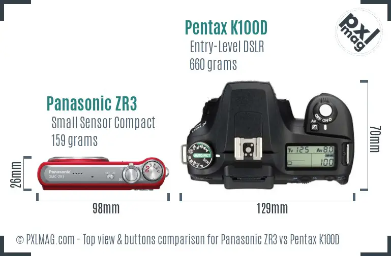 Panasonic ZR3 vs Pentax K100D top view buttons comparison
