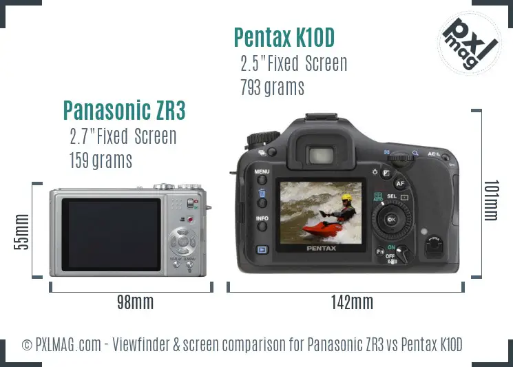 Panasonic ZR3 vs Pentax K10D Screen and Viewfinder comparison