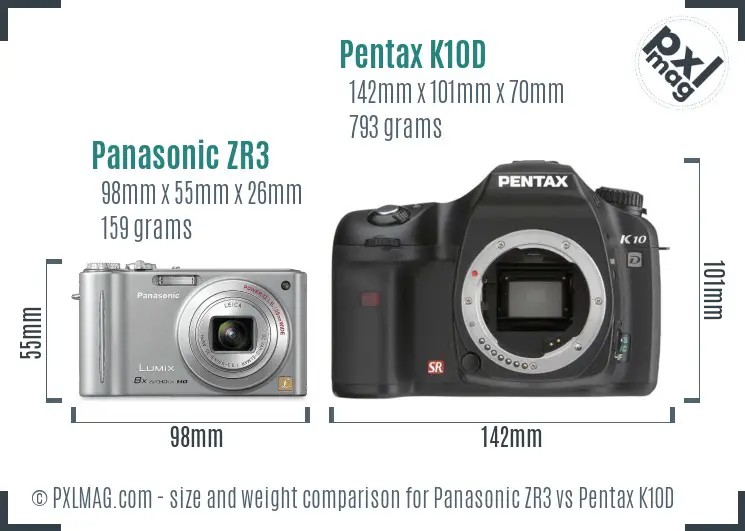 Panasonic ZR3 vs Pentax K10D size comparison
