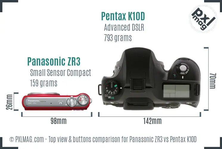 Panasonic ZR3 vs Pentax K10D top view buttons comparison