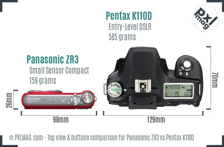 Panasonic ZR3 vs Pentax K110D top view buttons comparison