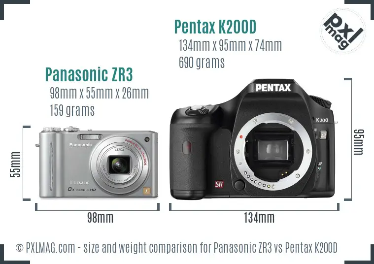 Panasonic ZR3 vs Pentax K200D size comparison