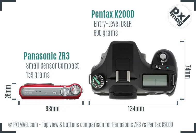 Panasonic ZR3 vs Pentax K200D top view buttons comparison