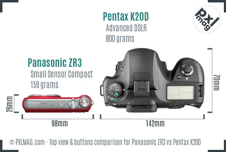 Panasonic ZR3 vs Pentax K20D top view buttons comparison