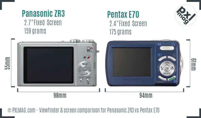 Panasonic ZR3 vs Pentax E70 Screen and Viewfinder comparison