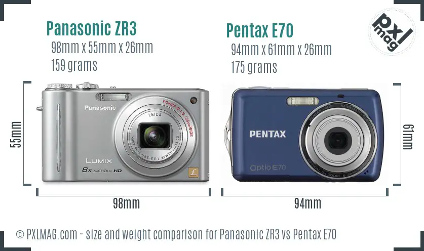 Panasonic ZR3 vs Pentax E70 size comparison