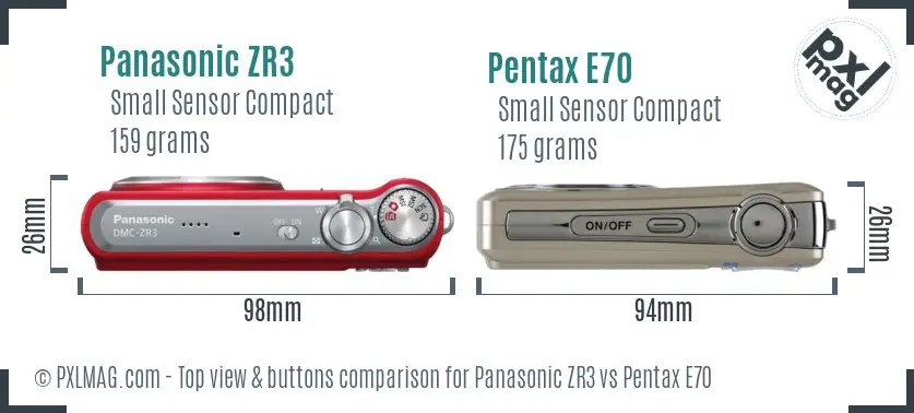 Panasonic ZR3 vs Pentax E70 top view buttons comparison