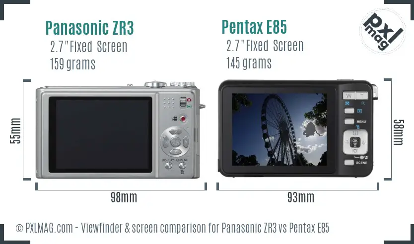 Panasonic ZR3 vs Pentax E85 Screen and Viewfinder comparison
