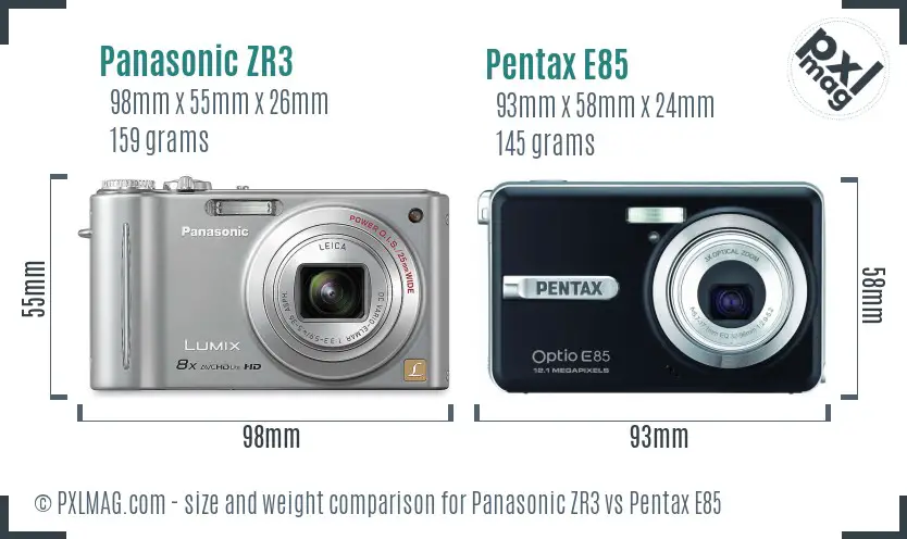 Panasonic ZR3 vs Pentax E85 size comparison