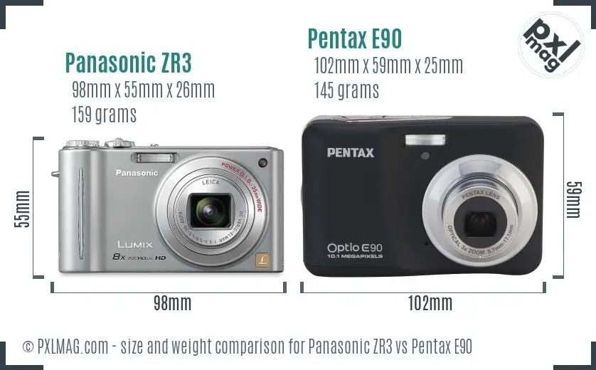 Panasonic ZR3 vs Pentax E90 size comparison