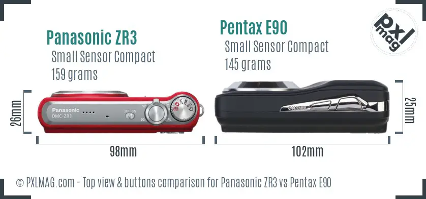 Panasonic ZR3 vs Pentax E90 top view buttons comparison