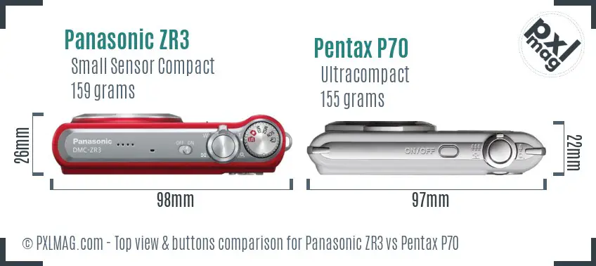 Panasonic ZR3 vs Pentax P70 top view buttons comparison
