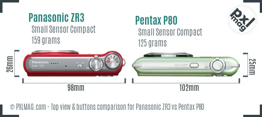 Panasonic ZR3 vs Pentax P80 top view buttons comparison