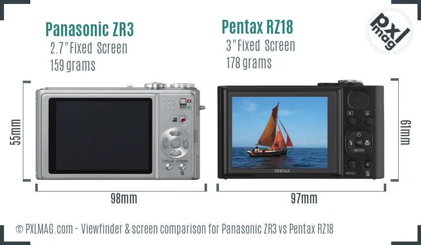 Panasonic ZR3 vs Pentax RZ18 Screen and Viewfinder comparison