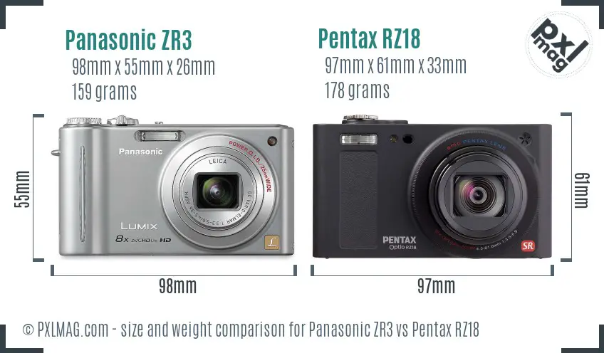 Panasonic ZR3 vs Pentax RZ18 size comparison