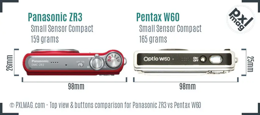 Panasonic ZR3 vs Pentax W60 top view buttons comparison