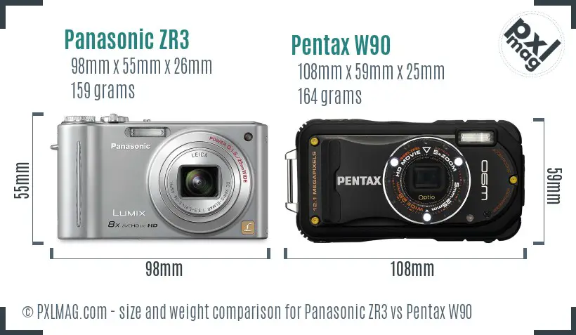 Panasonic ZR3 vs Pentax W90 size comparison