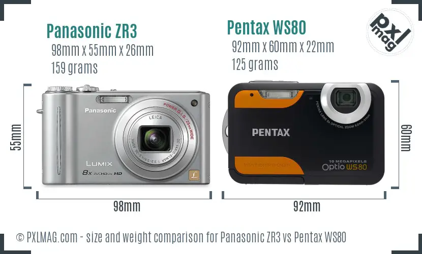 Panasonic ZR3 vs Pentax WS80 size comparison