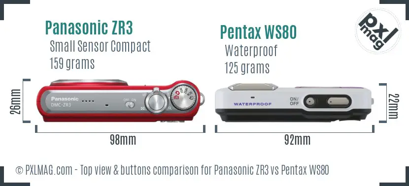 Panasonic ZR3 vs Pentax WS80 top view buttons comparison