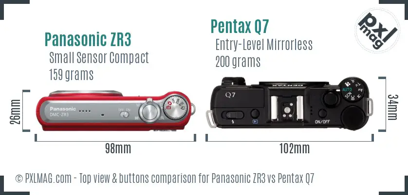 Panasonic ZR3 vs Pentax Q7 top view buttons comparison