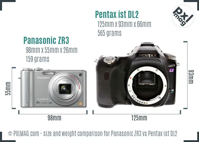 Panasonic ZR3 vs Pentax ist DL2 size comparison