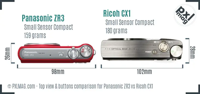 Panasonic ZR3 vs Ricoh CX1 top view buttons comparison Panasonic ZR3 vs Ricoh CX1 top view buttons comparison