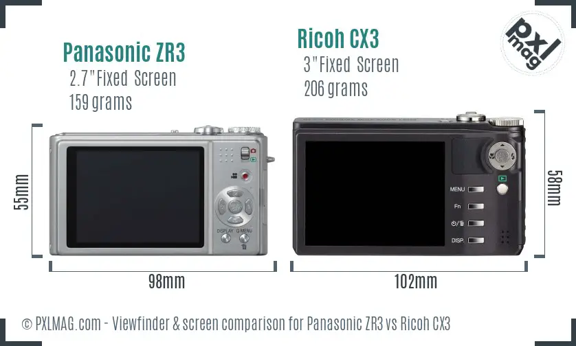 Panasonic ZR3 vs Ricoh CX3 Screen and Viewfinder comparison