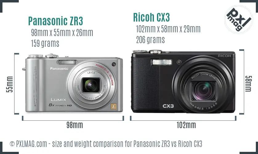Panasonic ZR3 vs Ricoh CX3 size comparison