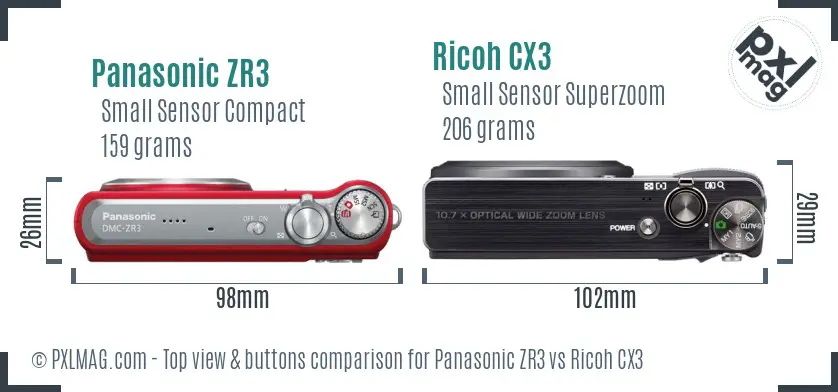 Panasonic ZR3 vs Ricoh CX3 top view buttons comparison